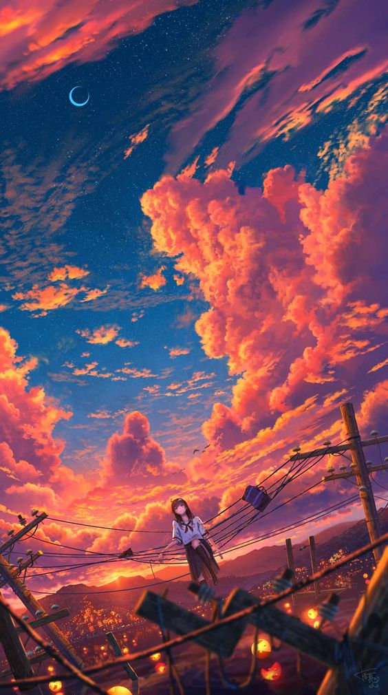 Hình nền iOS 27 phong cách anime, bầu trời cam rực khi hoàng hôn buông, trăng bắt đầu lên
