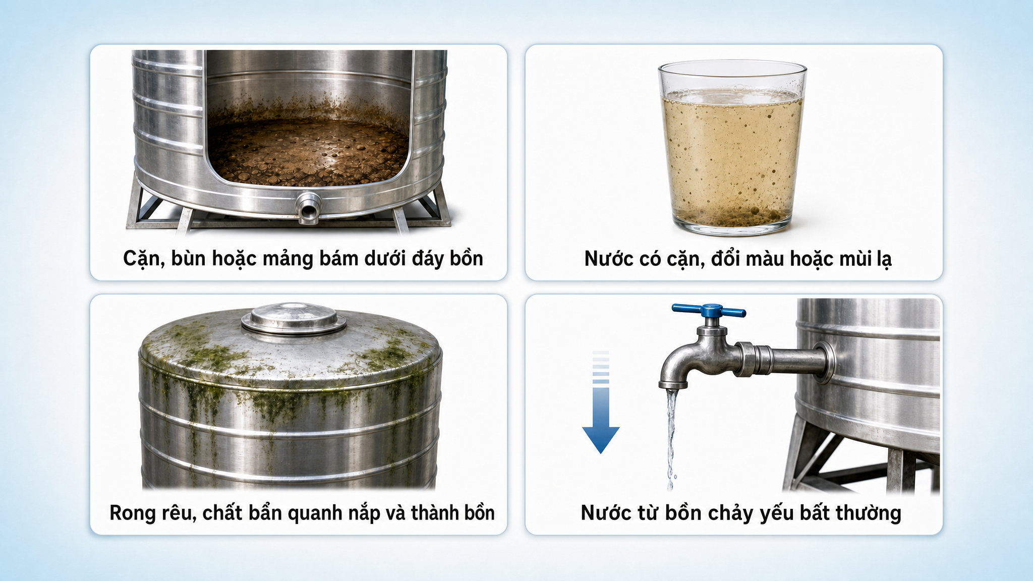 Một số dấu hiệu phổ biến cho thấy bồn nước inox cần được làm sạch