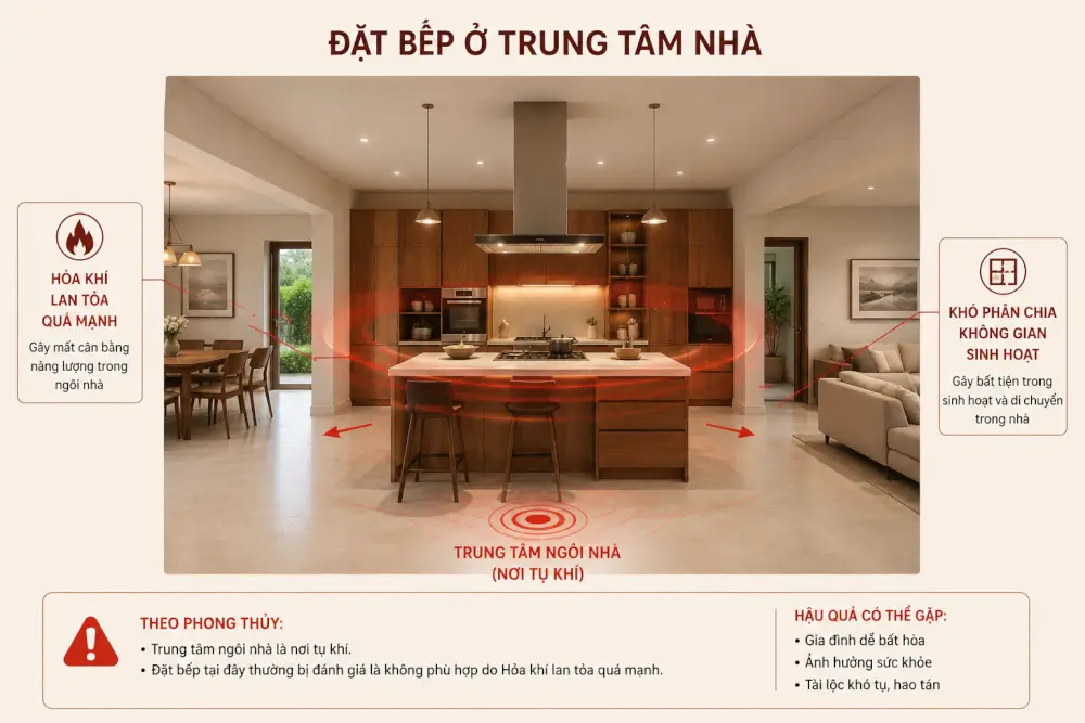 cách bố trí phòng bếp hợp phong thủy - bếp ở trung tâm
