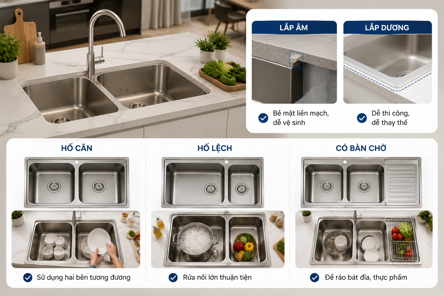 Kiểu lắp cùng cấu tạo hố cân, hố lệch hoặc bàn chờ cần phù hợp với thói quen nấu ăn