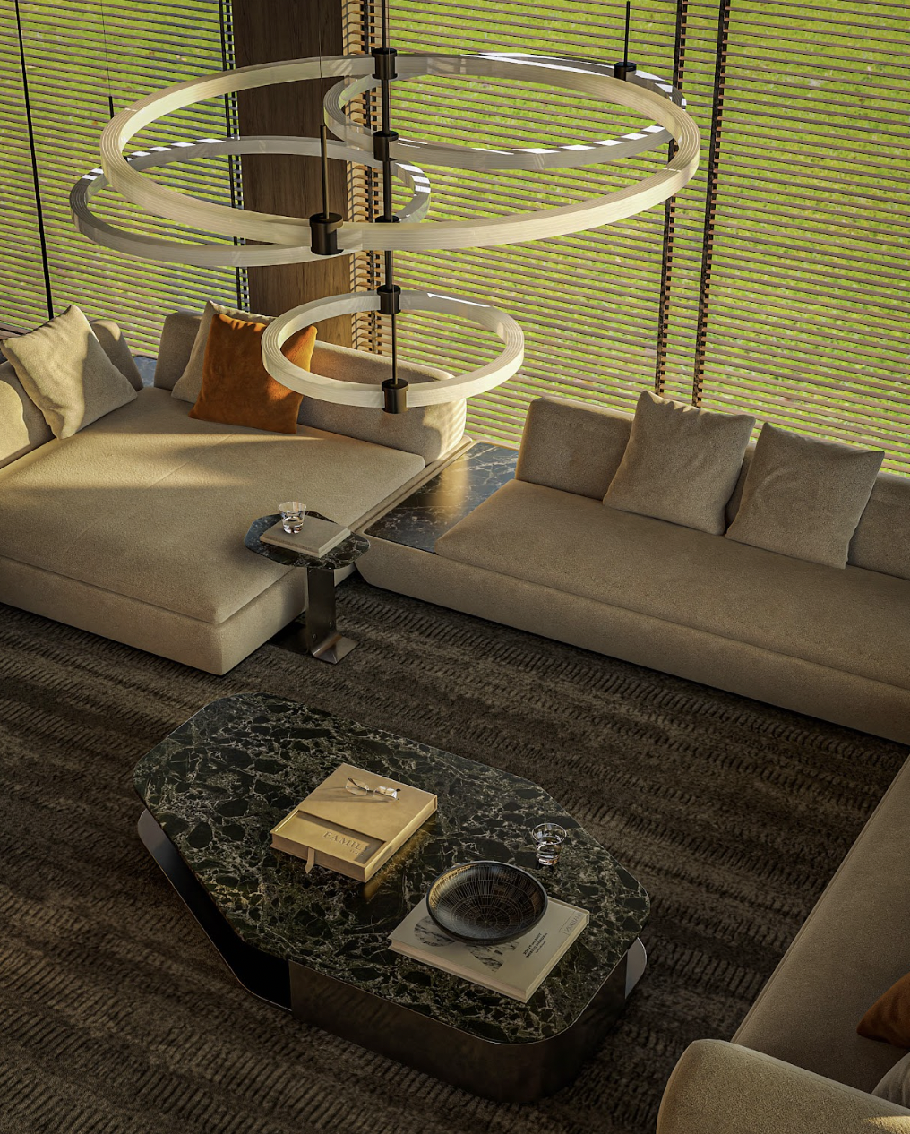 Sofa, vật liệu và bảng màu cần được lựa chọn đồng bộ để tạo chiều sâu, sự sang trọng và cân bằng thị giác