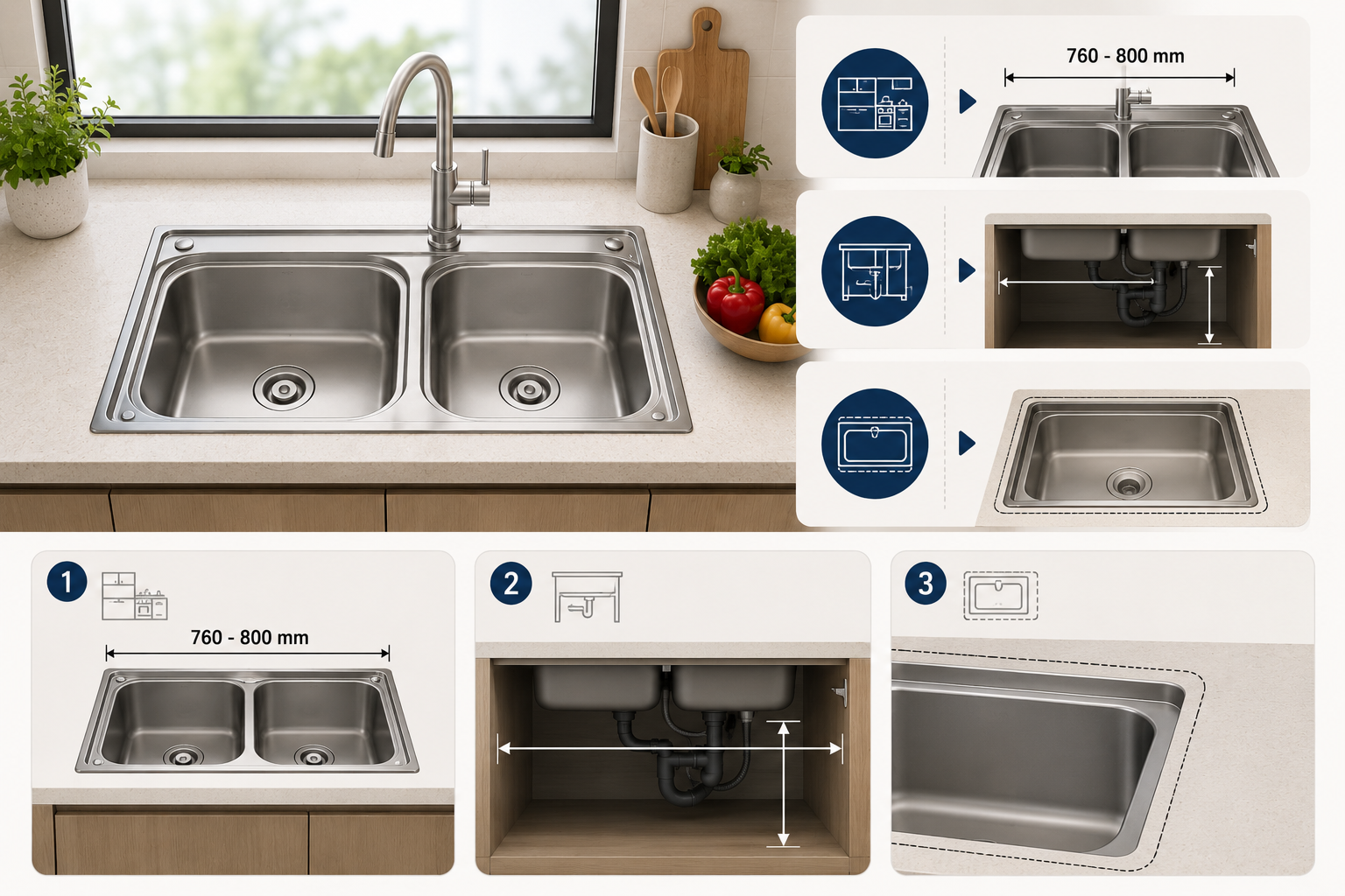 Kích thước chậu cần vừa với mặt bàn, khoang tủ và khoảng trống dành cho bộ xả