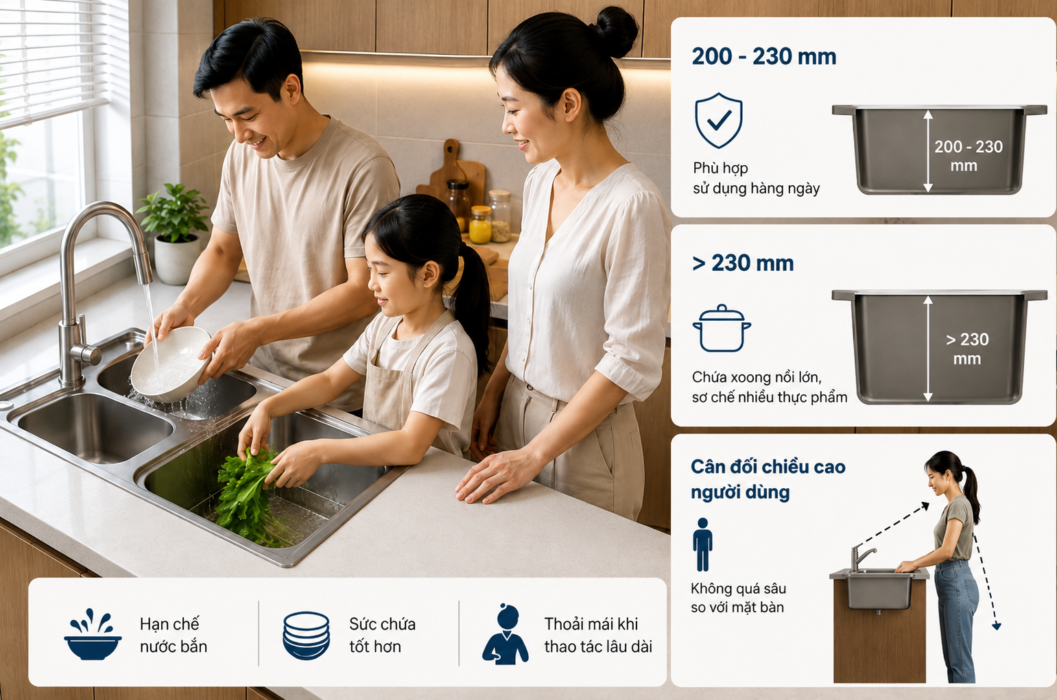 Độ sâu lòng chậu ảnh hưởng đến khả năng chứa dụng cụ và hạn chế nước bắn