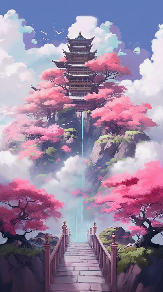 Hình nền iOS 27 phong cách anime, tòa tháp hòa cùng sắc xuân tươi đẹp.