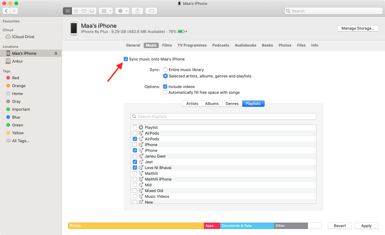 Finder cho phép chọn toàn bộ hoặc một phần thư viện nhạc để đưa sang iPhone (Nguồn: Internet)