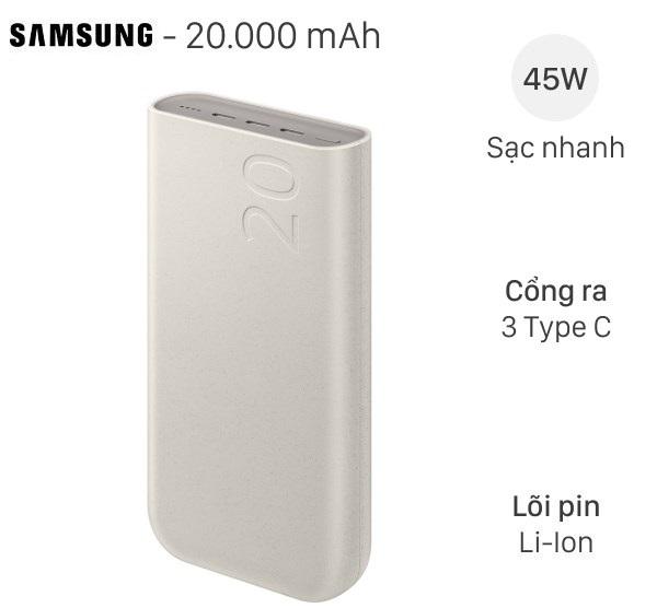 Sạc dự phòng Samsung 20000mAh EB-P4520X hỗ trợ sạc nhanh 45W, sạc đồng thời ba thiết bị và sử dụng vật liệu tái chế đạt chứng nhận UL.