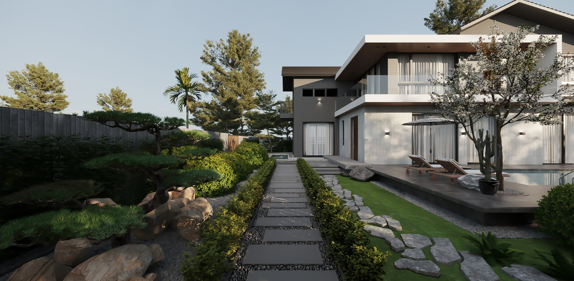 Gia chủ có thể linh hoạt ứng dụng hệ mái bằng với vách kính hiện đại hoặc mái dốc với hiên sâu ấm cúng