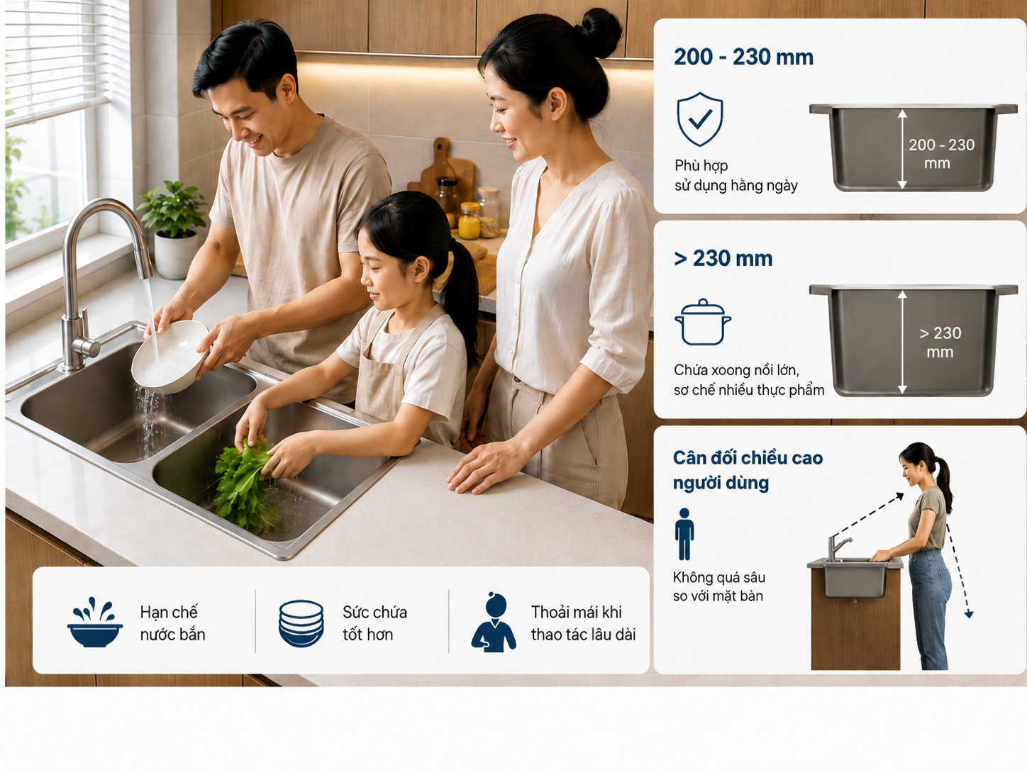 Độ sâu hợp lý giúp hạn chế bắn nước và tạo tư thế thao tác thoải mái