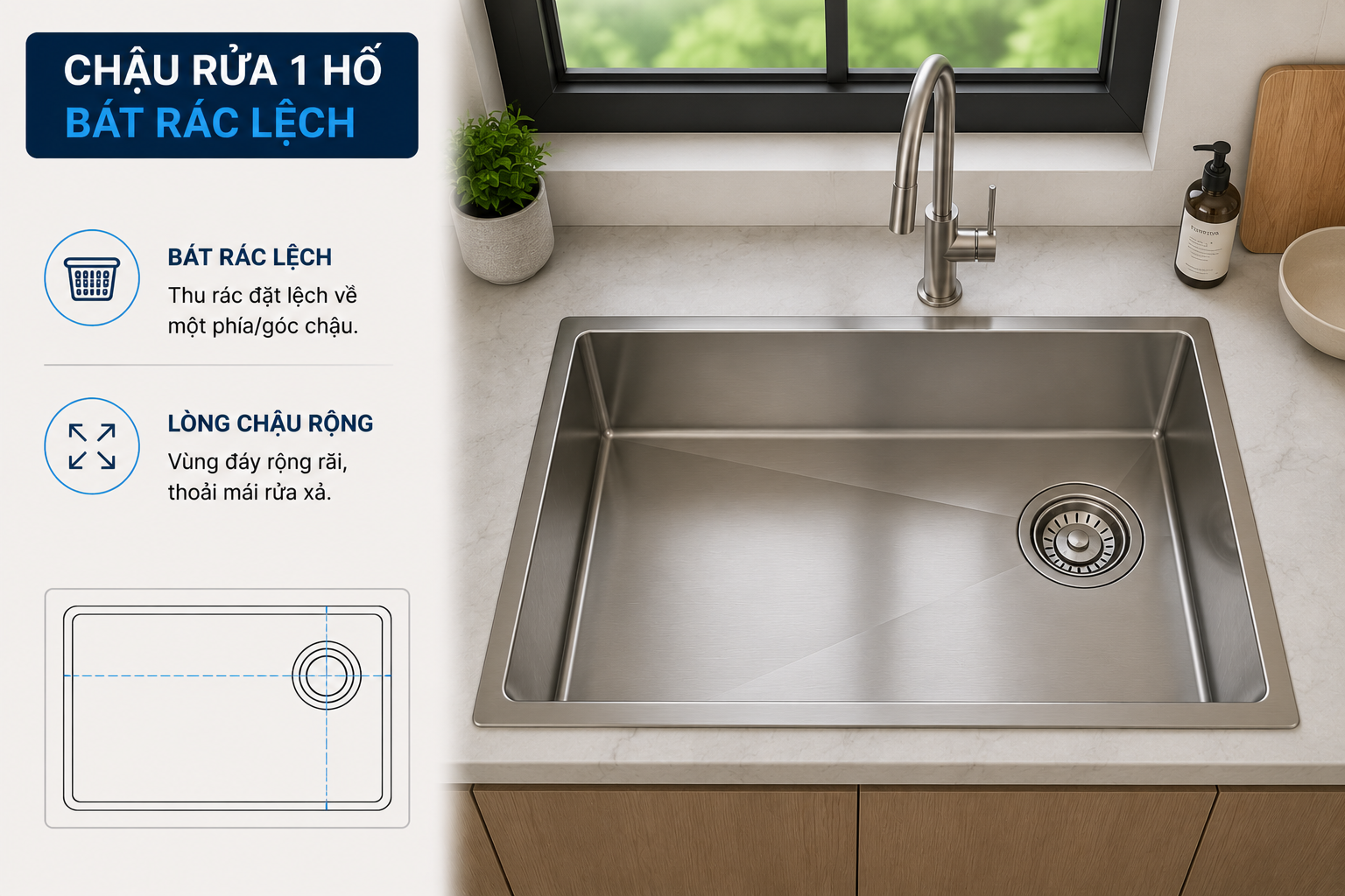 Bát rác lệch giúp mở rộng đáy chậu và tối ưu khoang tủ bên dưới