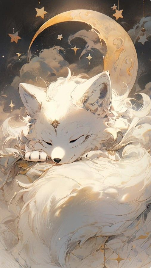 Hình nền iOS 27 phong cách anime, chú cáo trắng đáng yêu say giấc dưới trăng khuyết