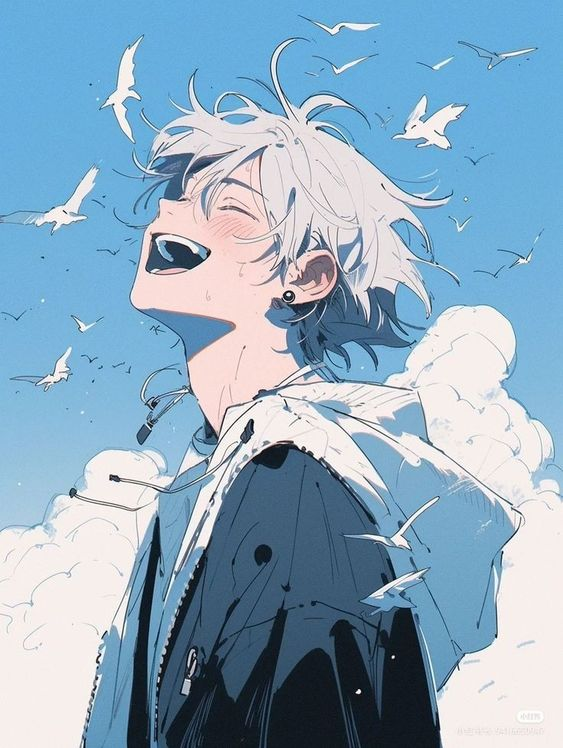 Hình nền iOS 27 phong cách anime, cậu bé cười tươi rạng rỡ dưới bầu trời trong xanh