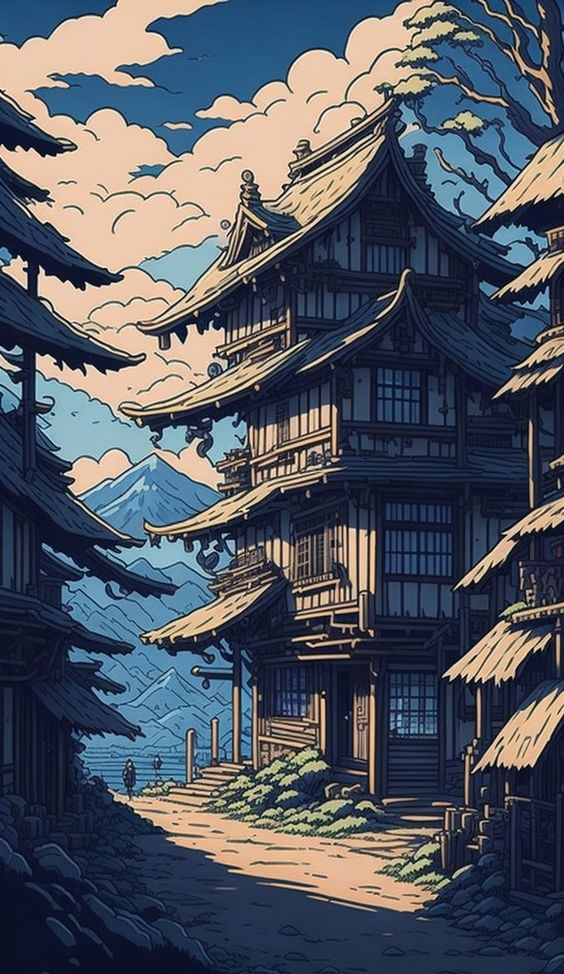 Hình nền tòa tháp Nhật Bản theo phong cách anime