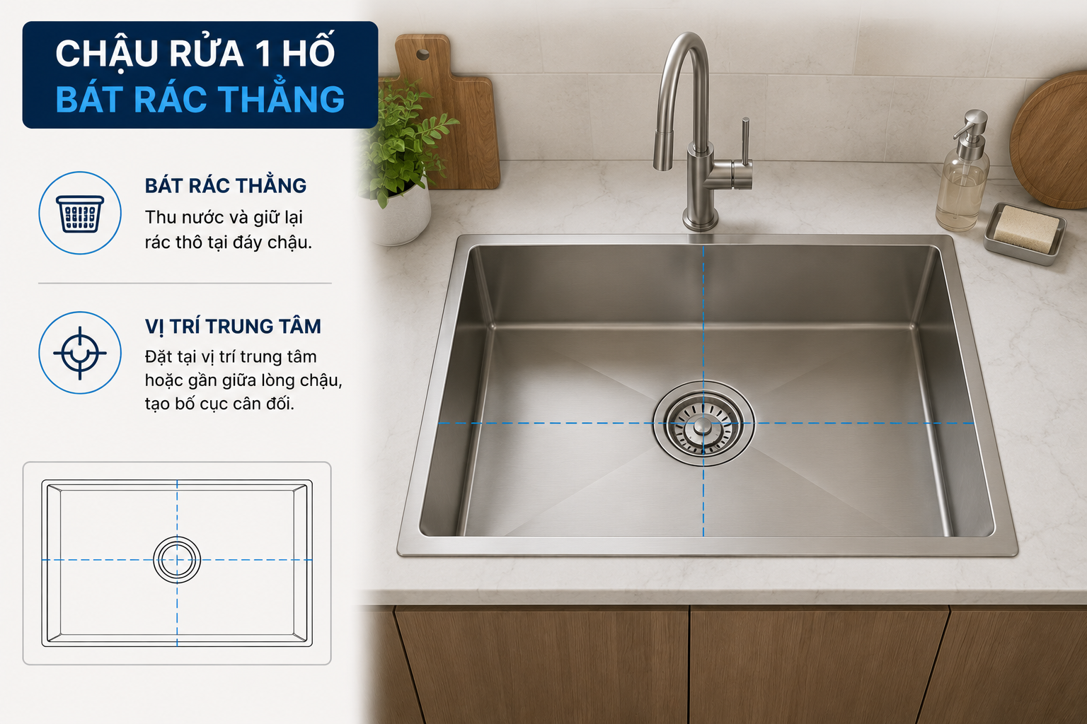 Bát rác đặt giữa tạo thiết kế cân đối và thuận tiện khi lắp đặt